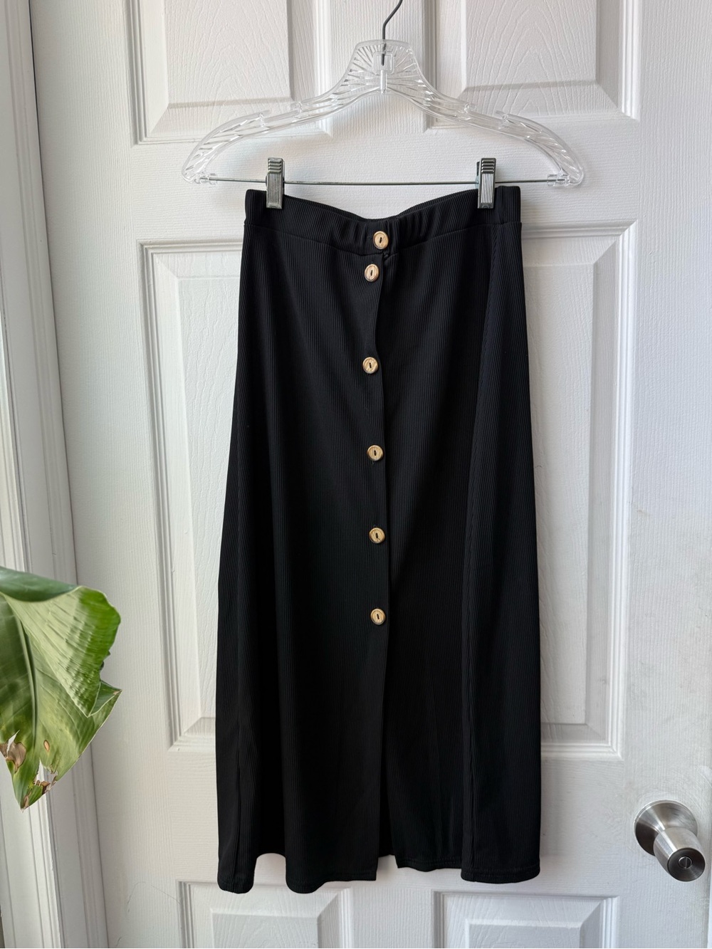 Nasty Gal Black Midi Skirt with Wood-Tone Buttons